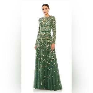 EMBELLISHED HIGH NECK LONG SLEEVE A LINE GOWN
Color Sage Size 10